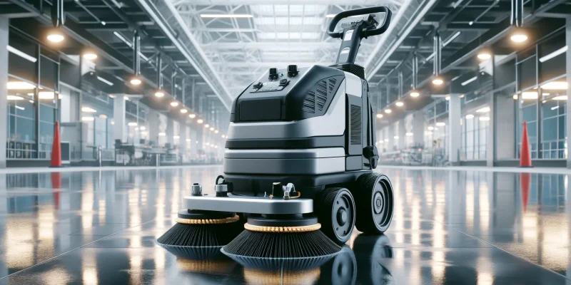 DALL·E 2024-05-21 15.50.35 - Create a photo-realistic image of a modern industrial floor cleaning machine used for large spaces. The machine should have a robust design with large